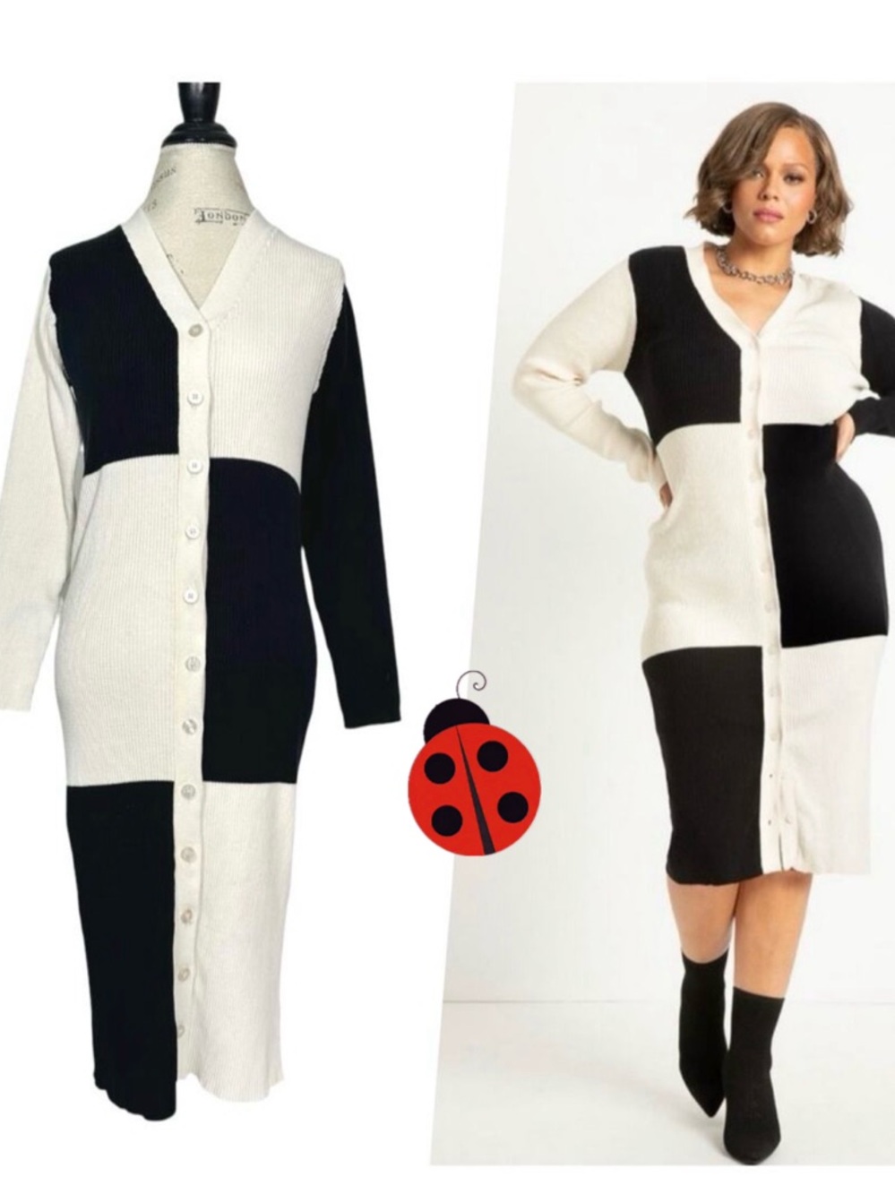 Eloquii Black and White Ribbed Knit Button Cardigan Dress NWT!